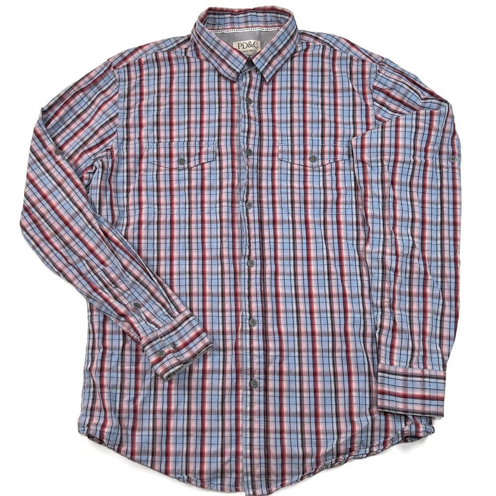 PD&C Button Up Shirt Mens Large Long Sleeve Blue Red Plaid Paper Denim Cloth‎
